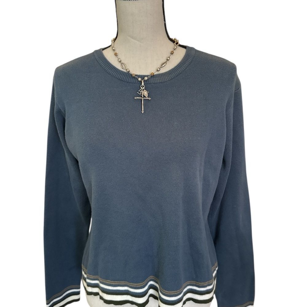 American Eagle Blue Crewneck Sweater Striped Hem Knit Pullover Women’s Large
